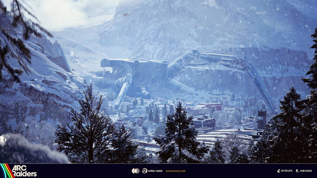 Pendola Pass: Über dem verschneiten Bergdorf liegt der abgestürzte Emperor, eine riesige ARC-Maschine. Bild: Embark Studios.