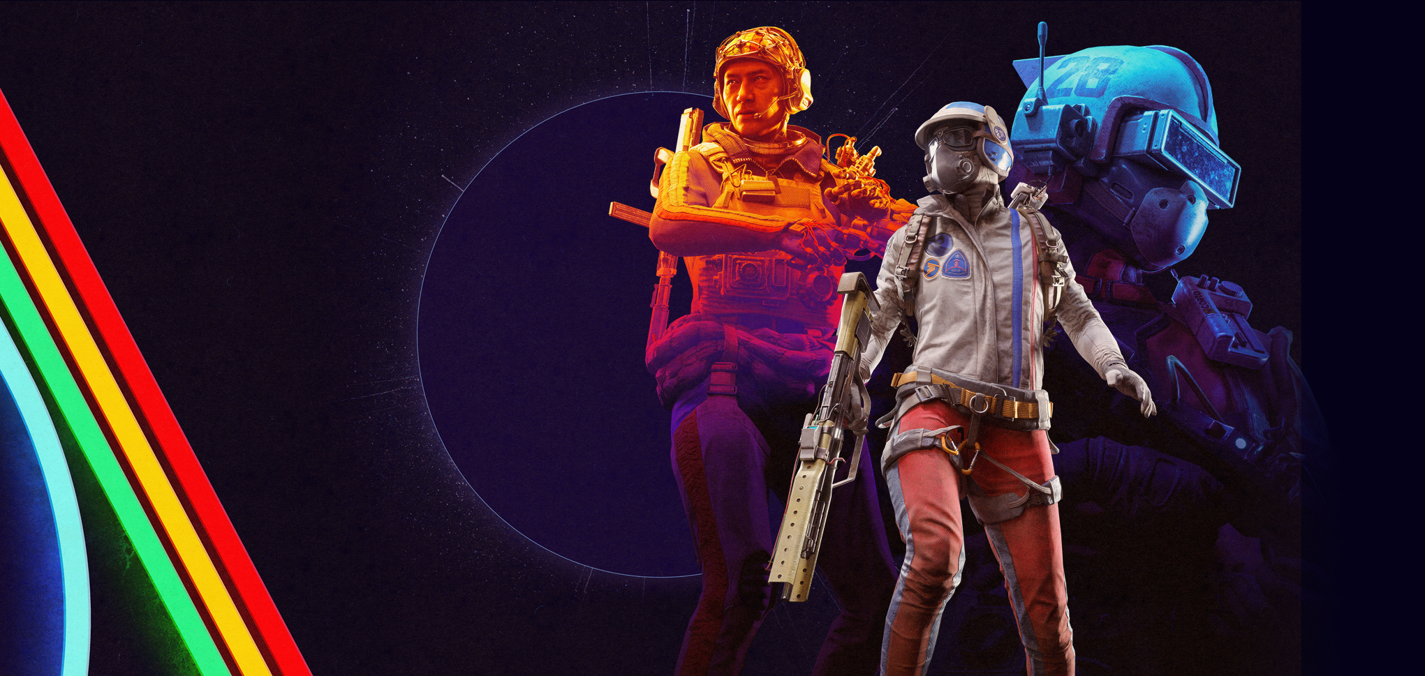 Two armored Arc Raiders operators stand ready with weapons drawn as a hulking ARC robot looms behind them against a dark, neon-striped backdrop